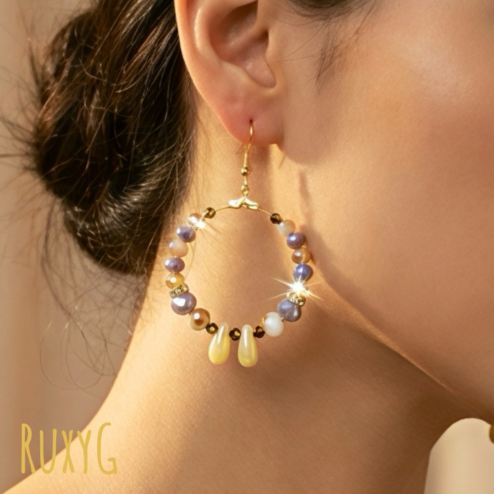 Gold and Purple Beaded Hoop Earrings